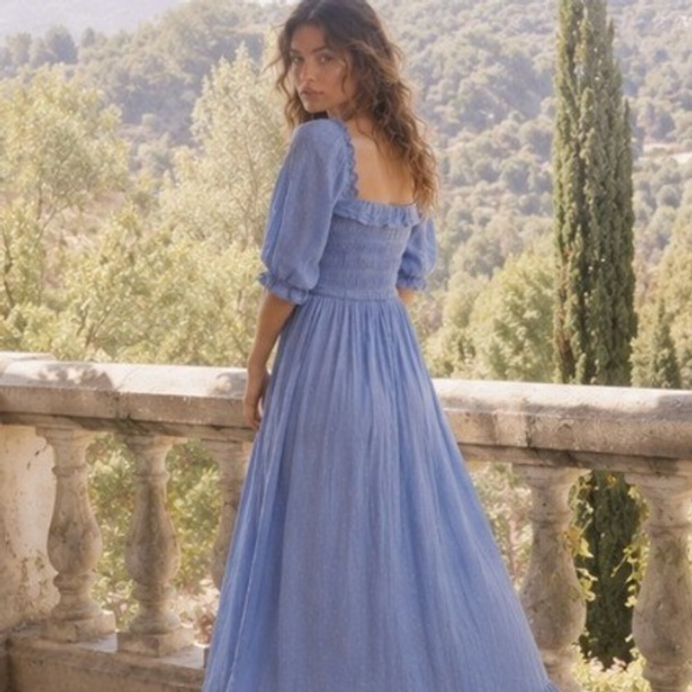 Smocked Puff Sleeve Maxi Dress XL Blue Cottagecore Boho Prairie Romantic Peasant